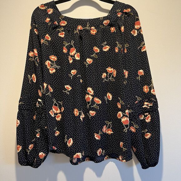 Lauren Conrad Long Sleeve SquareNeck Blouse, Navy W Yellow Dots+Coral Florals, M - Picture 2 of 15